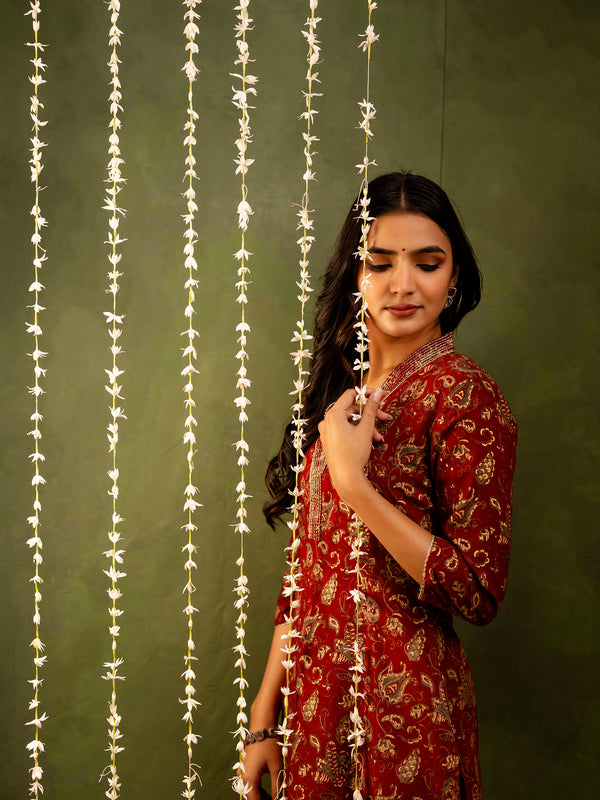 Maroon Cotton Calf Length Printed A-Line V-Neck Kurta Palazzo Set