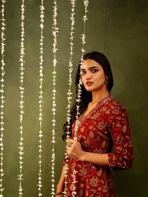 Maroon Cotton Calf Length Printed A-Line V-Neck Kurta Palazzo Set