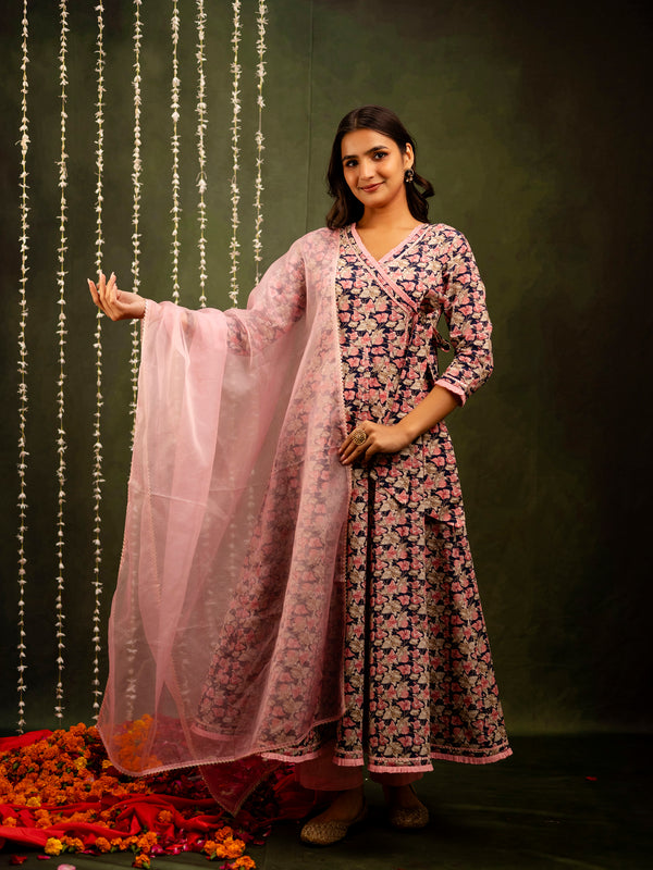 Navy Cotton Calf Length Printed Flared Angrakha Kurta Suit Set