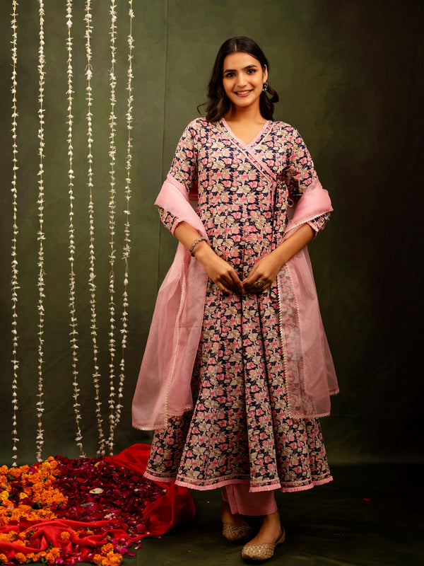 Navy Cotton Calf Length Printed Flared Angrakha Kurta Suit Set