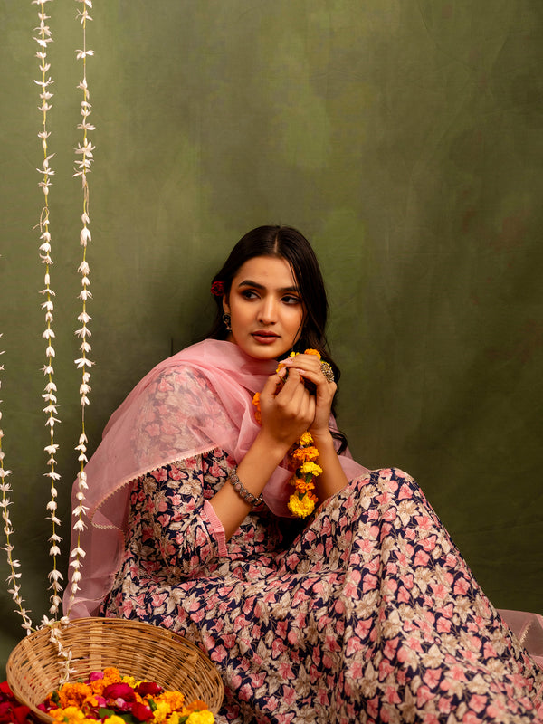 Navy Cotton Calf Length Printed Flared Angrakha Kurta Suit Set