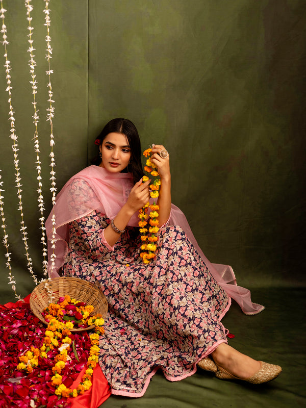 Navy Cotton Calf Length Printed Flared Angrakha Kurta Suit Set