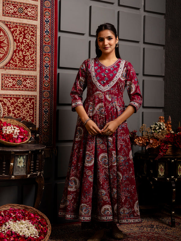 Cotton Calf Length Printed Flared V-Neck Kurta Suit Set