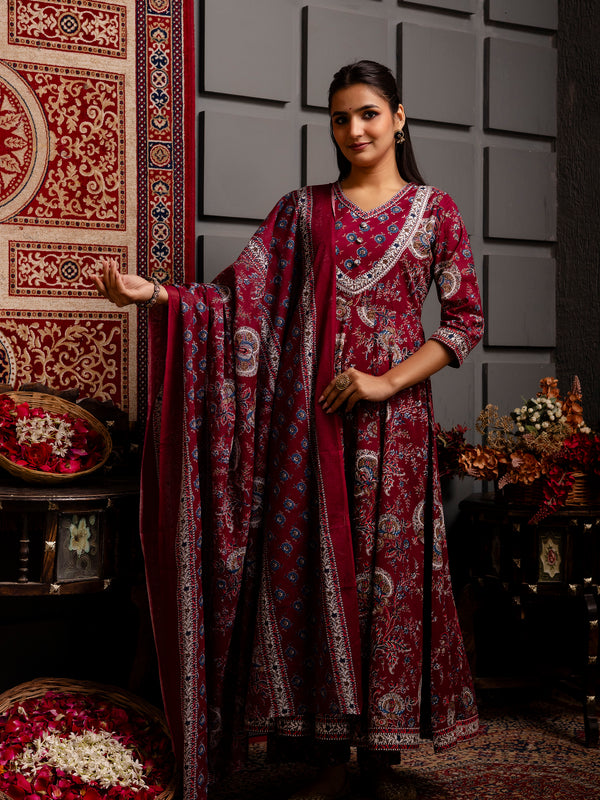 Cotton Calf Length Printed Flared V-Neck Kurta Suit Set