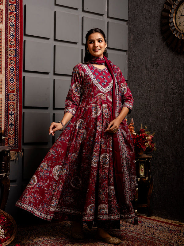 Cotton Calf Length Printed Flared V-Neck Kurta Suit Set