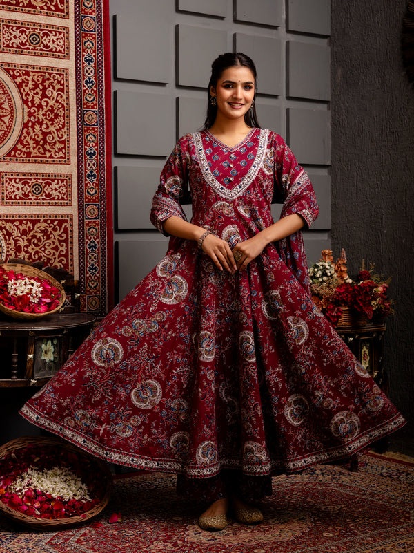 Cotton Calf Length Printed Flared V-Neck Kurta Suit Set