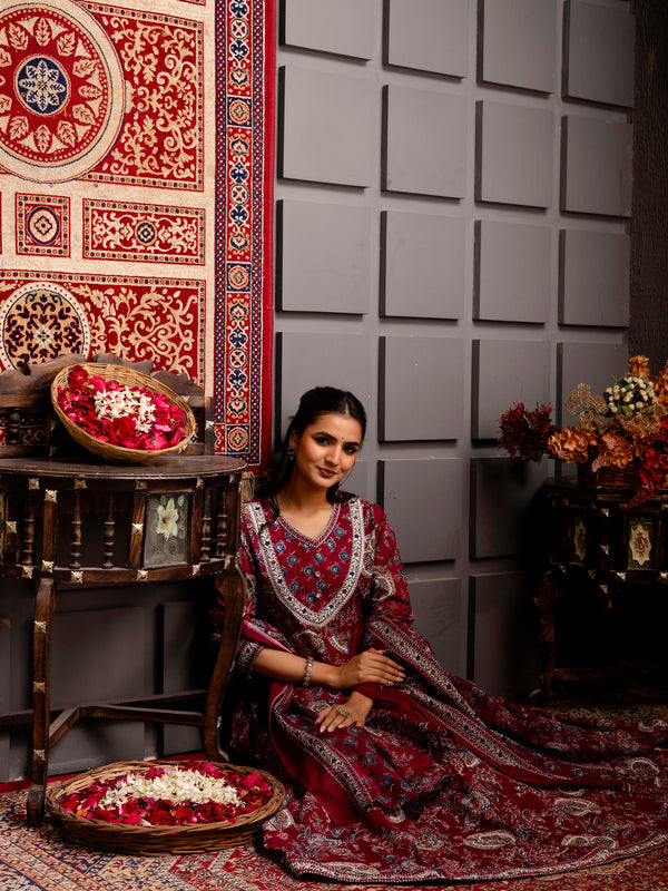 Cotton Calf Length Printed Flared V-Neck Kurta Suit Set