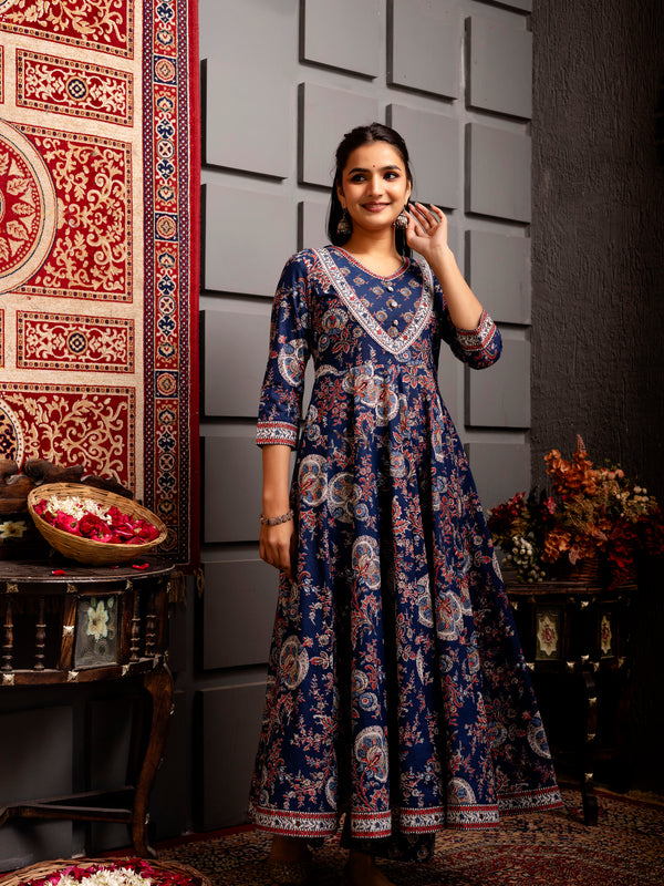 Blue Cotton Calf Length Printed Flared V-Neck Kurta Suit Set