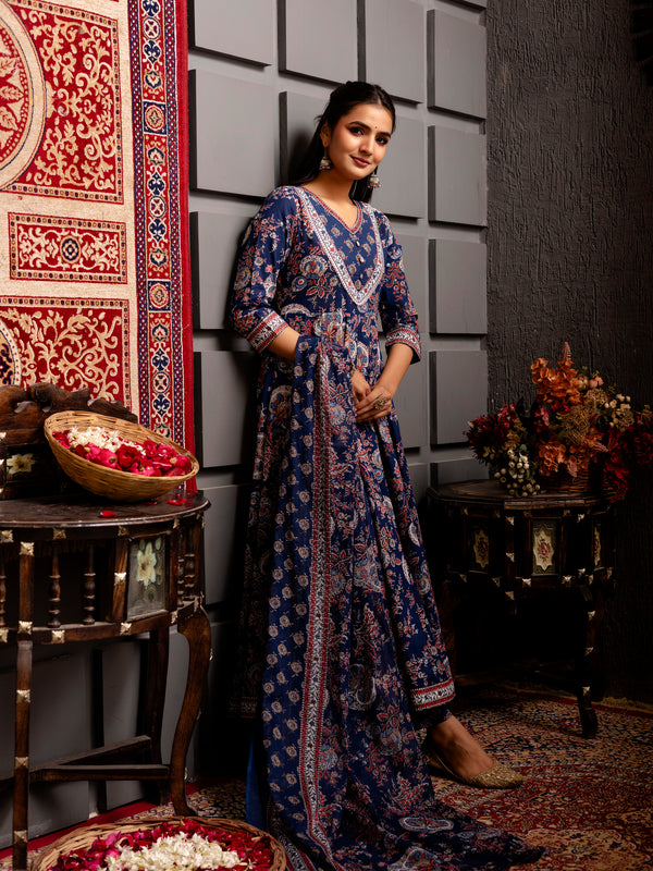 Blue Cotton Calf Length Printed Flared V-Neck Kurta Suit Set
