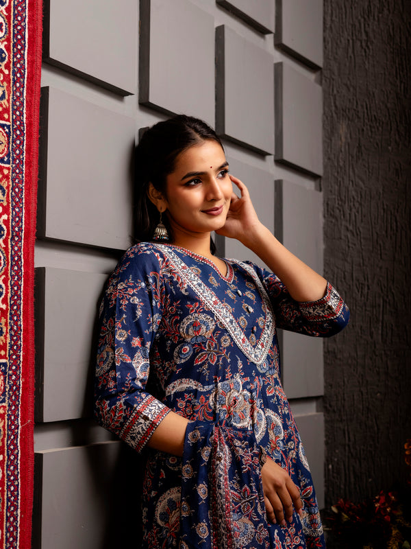 Blue Cotton Calf Length Printed Flared V-Neck Kurta Suit Set