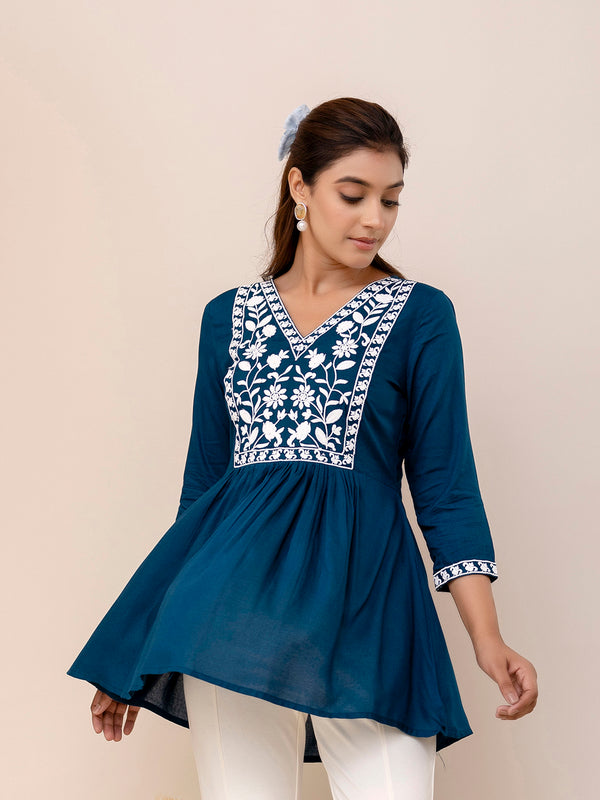 Blue Rayon Hip Length Solid V-Neck Solid Embroidered Semi-Flared Top