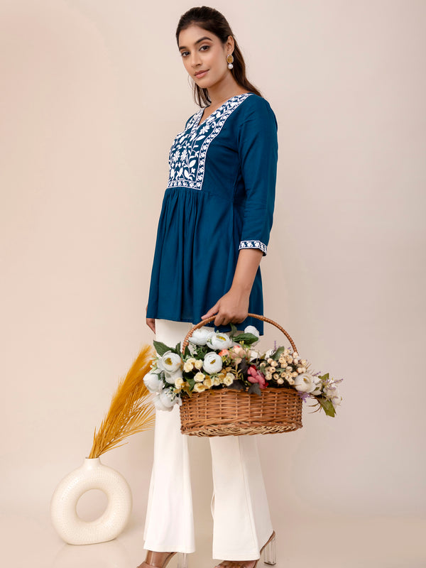 Blue Rayon Hip Length Solid V-Neck Solid Embroidered Semi-Flared Top
