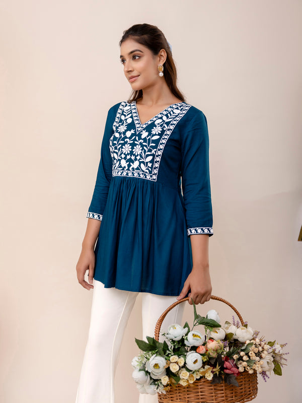 Blue Rayon Hip Length Solid V-Neck Solid Embroidered Semi-Flared Top