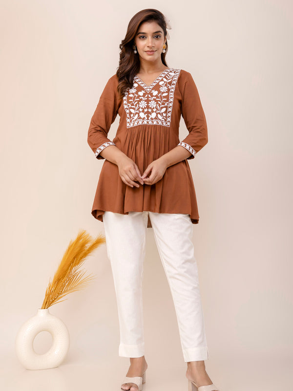 Brown Rayon Hip Length Solid V-Neck Solid Embroidered Semi-Flared Top