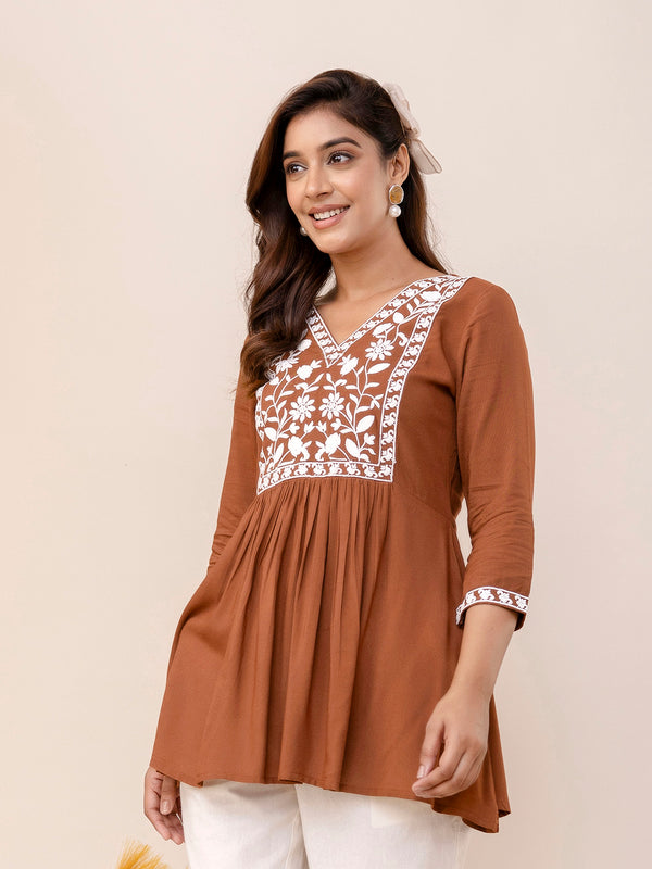 Brown Rayon Hip Length Solid V-Neck Solid Embroidered Semi-Flared Top