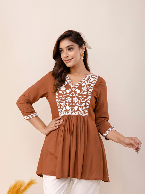 Brown Rayon Hip Length Solid V-Neck Solid Embroidered Semi-Flared Top