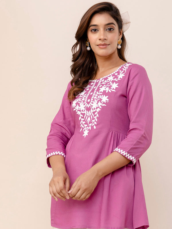 Lavender Rayon Hip Length Solid Round Neck Solid Embroidered Straight Top