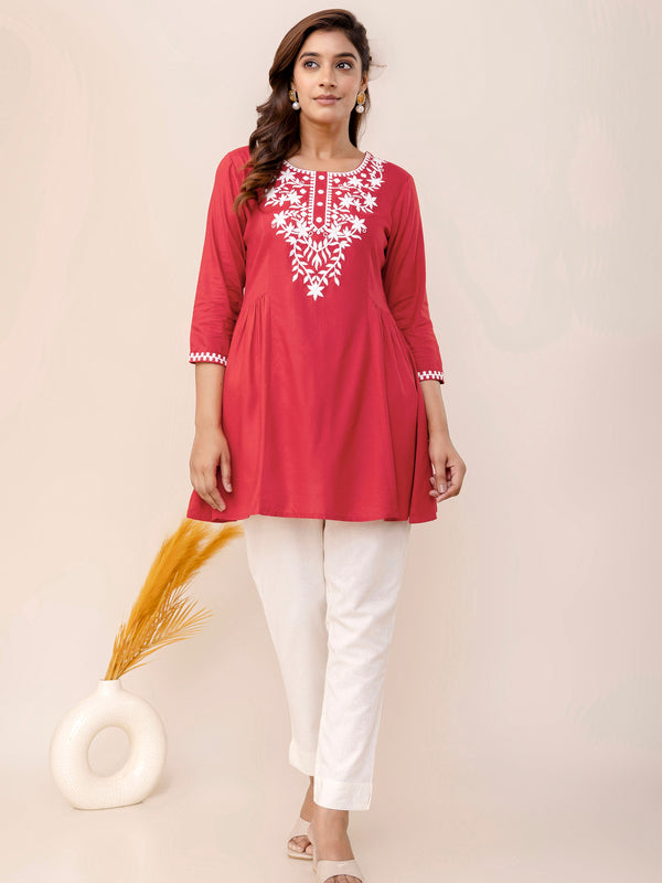 Coral Rayon Hip Length Solid Round Neck Solid Embroidered Straight Top