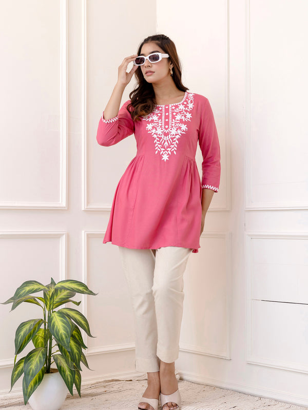 Pink Rayon Hip Length Solid Round Neck Solid Embroidered Straight Top