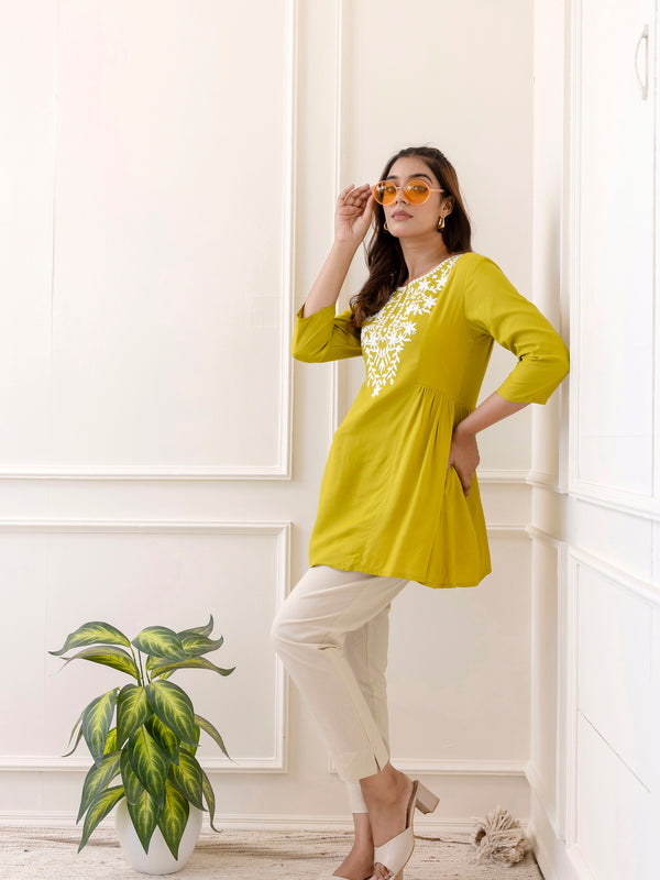 Lime Rayon Hip Length Solid Round Neck Solid Embroidered Straight Top
