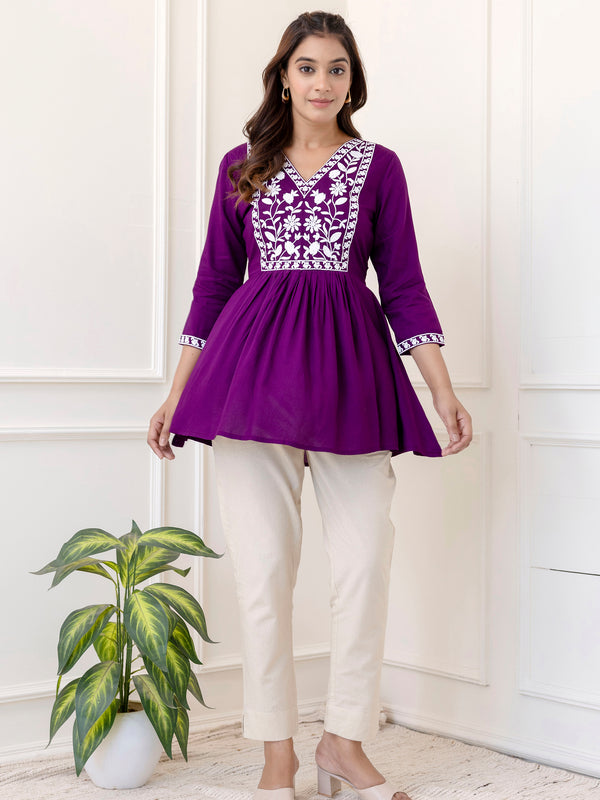 Purple Rayon Hip Length Solid V-Neck Solid Embroidered Semi-Flared Top