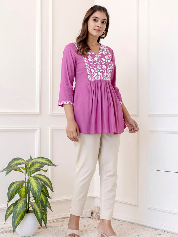 Lavender Rayon Hip Length Solid V-Neck Solid Embroidered Semi-Flared Top