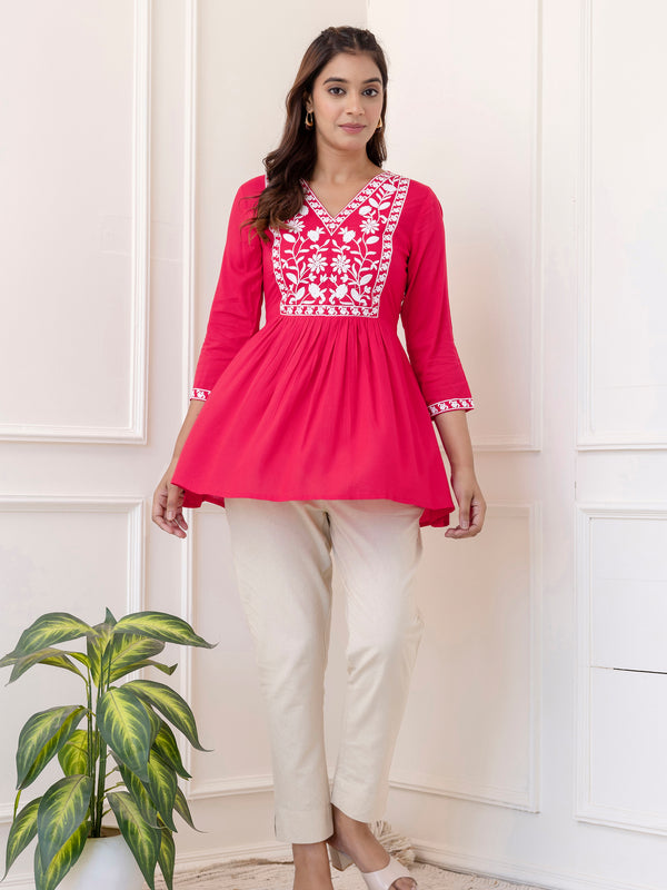 Pink Rayon Hip Length Solid V-Neck Solid Embroidered Semi-Flared Top