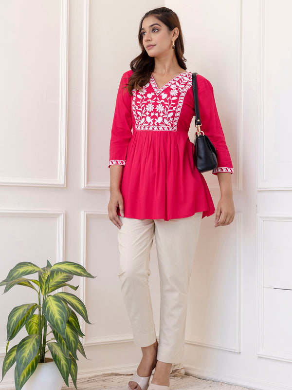 Pink Rayon Hip Length Solid V-Neck Solid Embroidered Semi-Flared Top
