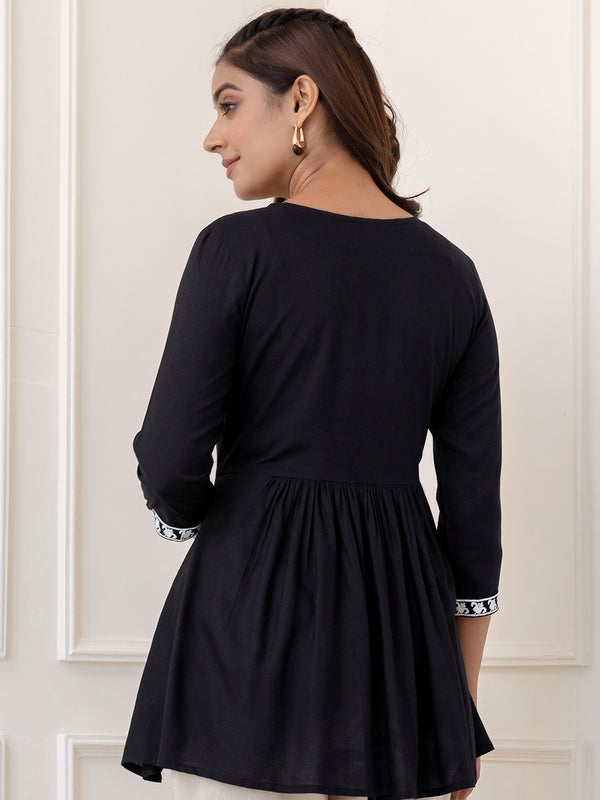 Black Rayon Hip Length Solid V-Neck Solid Embroidered Semi-Flared Top