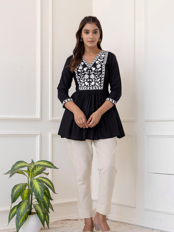Black Rayon Hip Length Solid V-Neck Solid Embroidered Semi-Flared Top