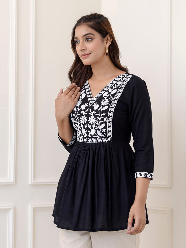 Black Rayon Hip Length Solid V-Neck Solid Embroidered Semi-Flared Top