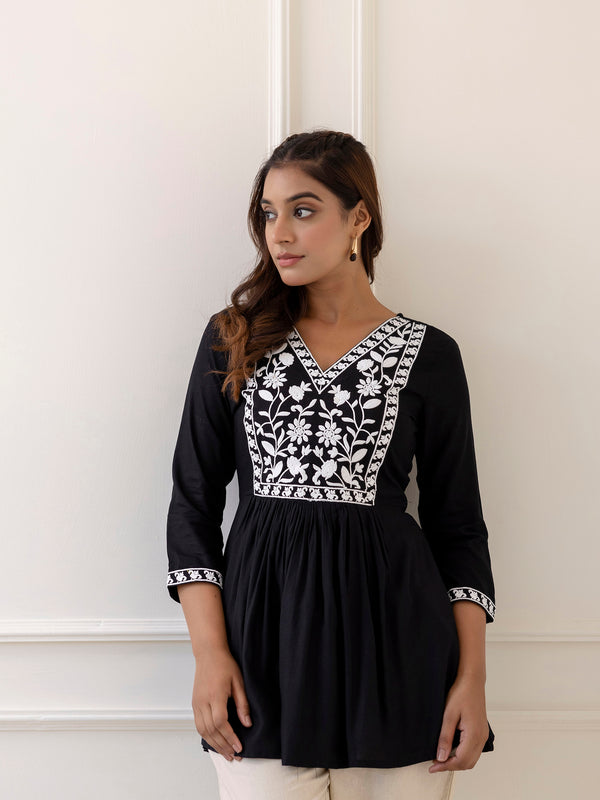 Black Rayon Hip Length Solid V-Neck Solid Embroidered Semi-Flared Top