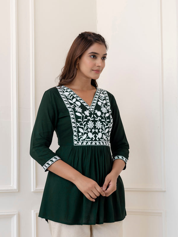 Bottle Green Rayon Hip Length Solid V-Neck Solid Embroidered Semi-Flared Top