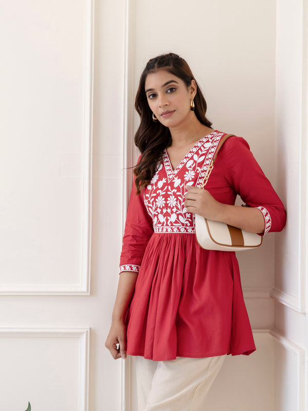Coral Rayon Hip Length Solid V-Neck Solid Embroidered Semi-Flared Top