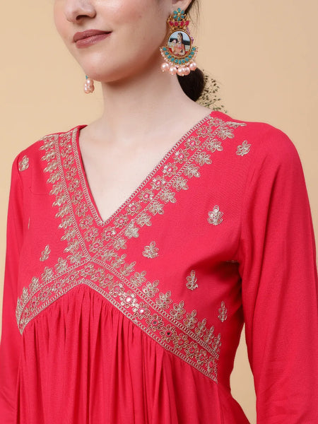 Coral Solid Embroidered On Yoke Kurta Suit Set
