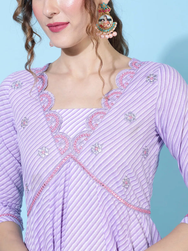 Lavender Leheriya Kurta With Embroidered Yoke And Floral Dupatta