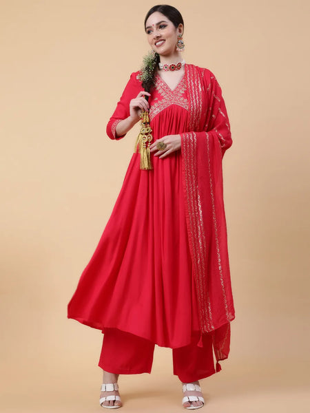 Coral Solid Embroidered On Yoke Kurta Suit Set