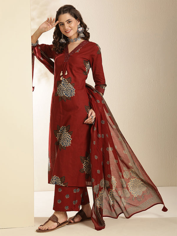 Maroon Pure Cotton Printed 3/4 Sleeves V-Neck Straight Kurta Suit Set