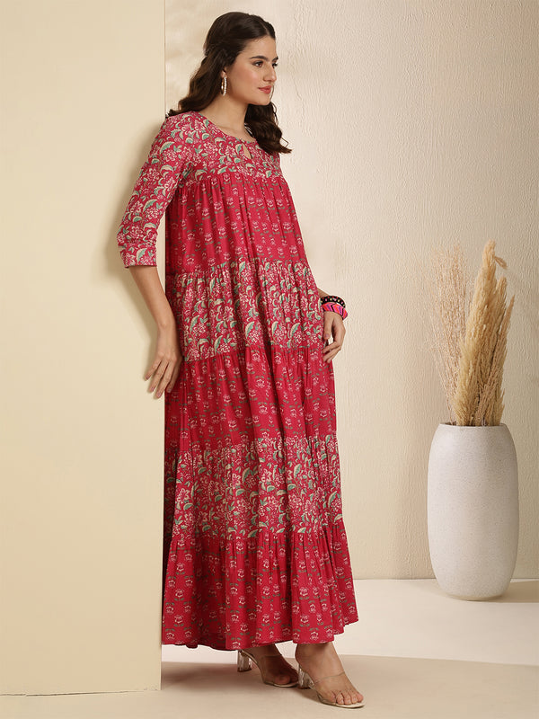 Pink Pure Cotton Printed 3/4 Sleeves Key Hole Neck Anarkali Gown
