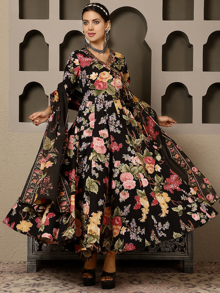Black Cotton Calf Length Printed V-Neck Anarkali Kurta Suit Set