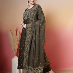 Cotton Calf Length Printed 3/4 Sleeves Round Neck Semi-Flared Kurta Suit Set