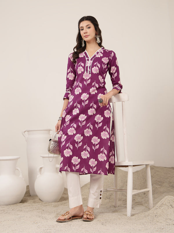 Gulmohar Jaipur Cotton Calf Length Printed 3/4 Sleeves V-Neck Anarkali Kurta Suit Set