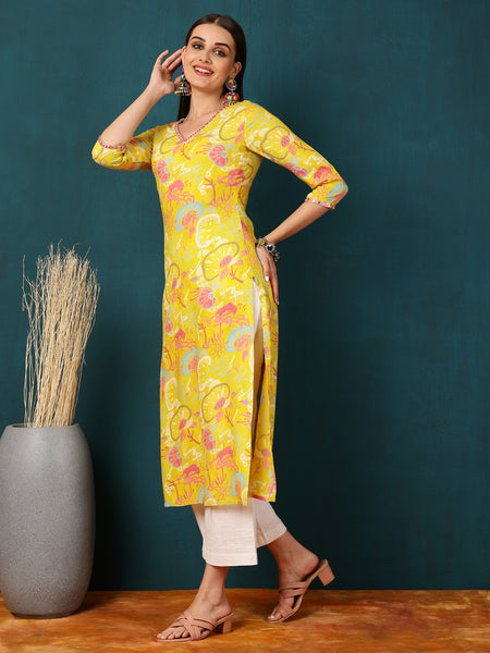Rayon  Calf length Length Floral  Straight 3/4 Sleeves V  Kurta