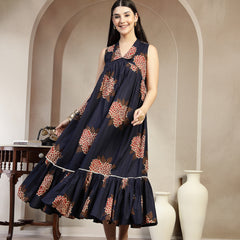 Gulmohar Jaipur Cotton Calf Length Printed Sleeveless Collard Neck Flared Kurta
