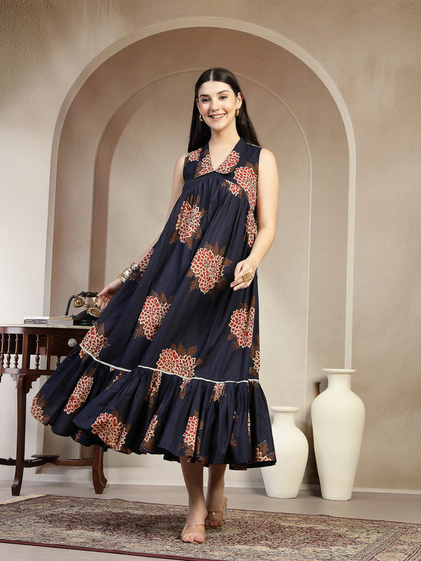 Gulmohar Jaipur Cotton Calf Length Printed Sleeveless Collard Neck Flared Kurta