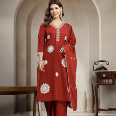 Cotton Calf Length Solid 3/4 Sleeve V-Neck Straight Kurta Suit Set
