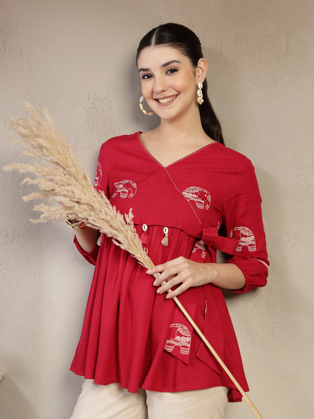 Gulmohar Jaipur Rayon Hip Length Printed 3/4 Sleeves V-Neck Flared Top