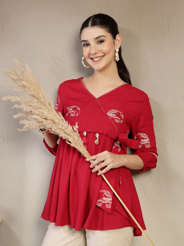 Gulmohar Jaipur Rayon Hip Length Printed 3/4 Sleeves V-Neck Flared Top