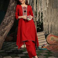 Gulmohar Jaipur Rayon Knee Length Solid 3/4 Sleeve Round Neck Asymmetrical Kurta Suit Set