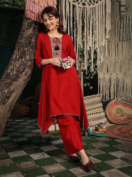 Gulmohar Jaipur Rayon Knee Length Solid 3/4 Sleeve Round Neck Asymmetrical Kurta Suit Set
